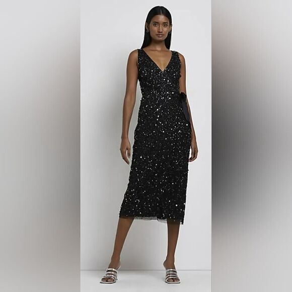 River Island Black Sequin Wrap Midi Dress NWT size 14 - Picture 1 of 5